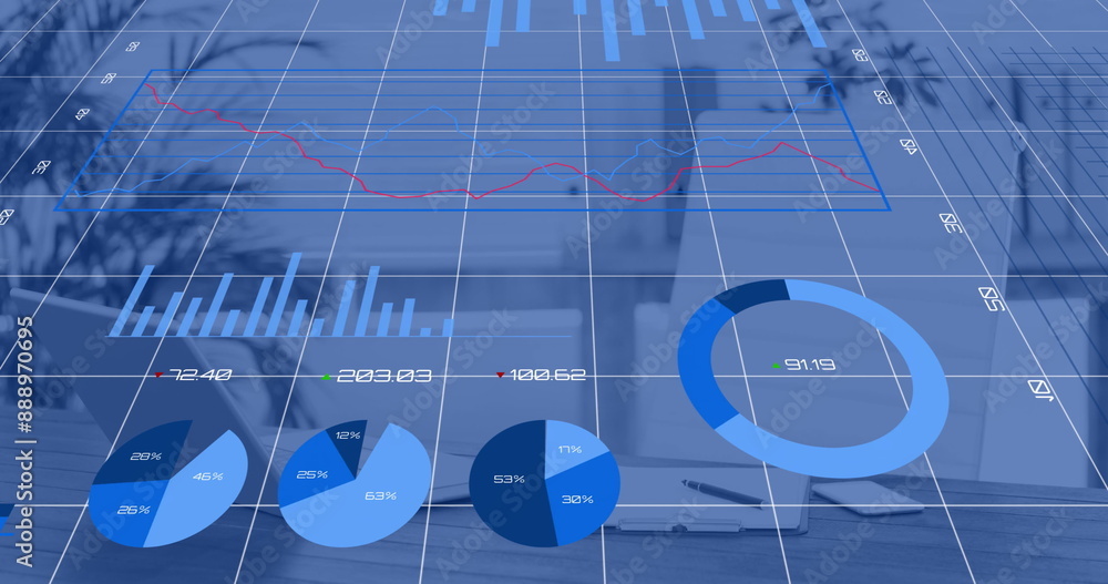 Poster image of financial data processing over desk in empty office