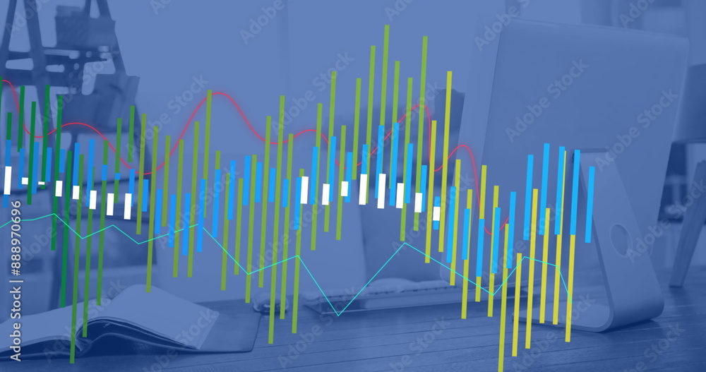Poster image of financial data processing over computer on desk in empty office