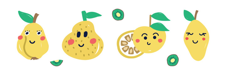 yellow fruit clipart set illustration. lemon, ugli, quince and yuzu. Illustration of fresh berry — hand-drawn vector elements. Healthy natural vitamin food