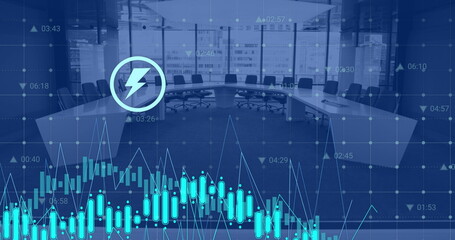Image of financial data processing over conference room in empty office