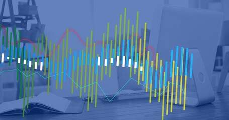 Image of financial data processing over computer on desk in empty office