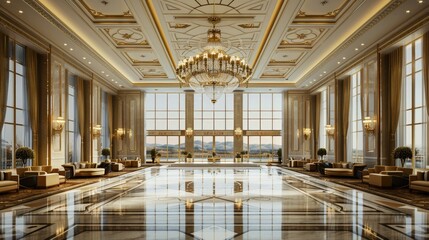 An opulent ballroom with a grand chandelier, polished marble floors, elegant seating, and floor-to-ceiling windows.