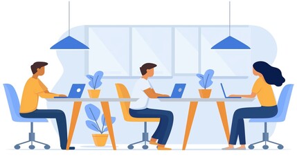 People working on laptops in a modern office setup with plants and pendant lights. Team collaboration, workplace productivity, contemporary office design, coworking space concept.