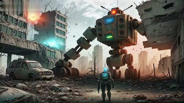AI-generated post-apocalyptic wasteland with decaying structures and roaming robots