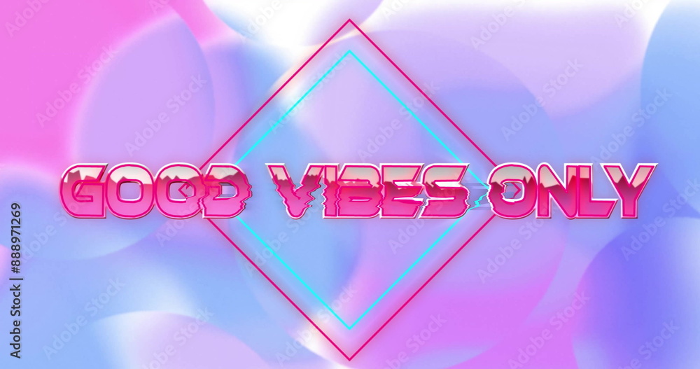 Poster image of good vibes only text over purple shapes