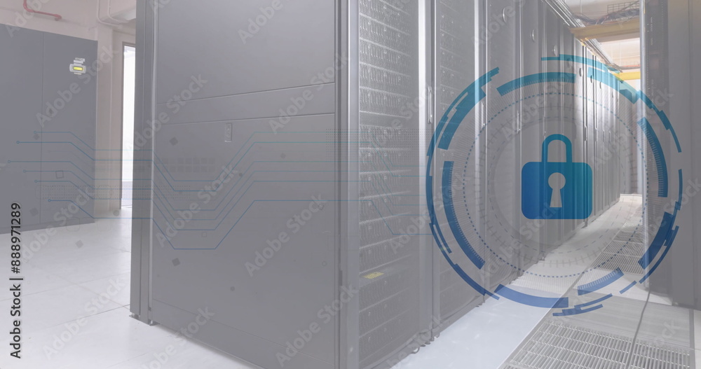 Poster image of scope scanning with padlock icon over server room