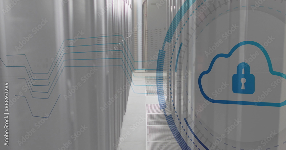 Poster image of scope scanning with cloud and padlock icon over server room