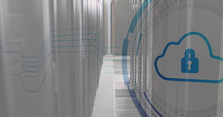 Image of scope scanning with cloud and padlock icon over server room