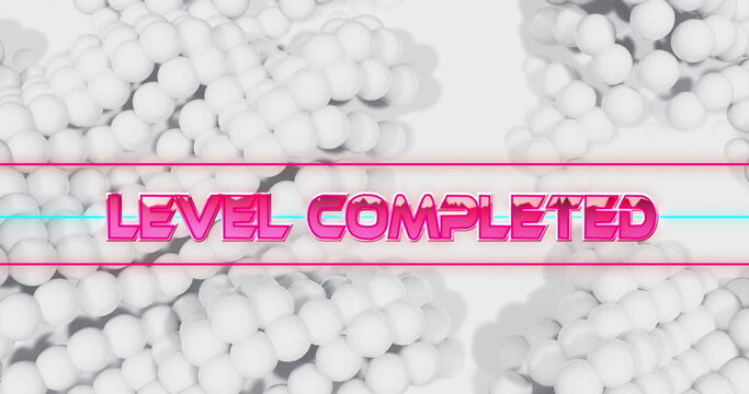 Image of level completed text over white shapes moving - Powered by Adobe