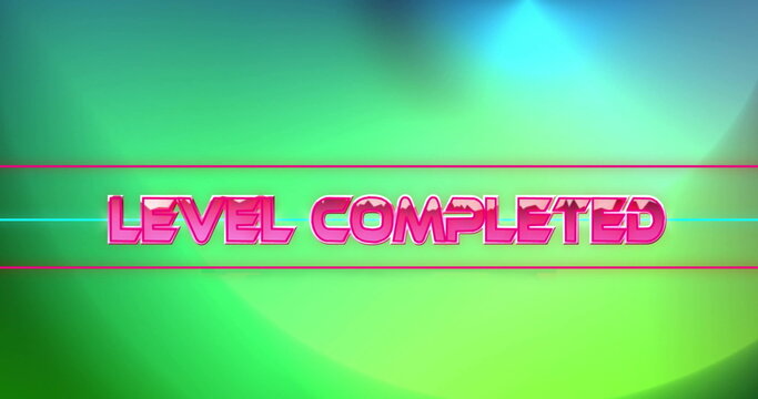 Image of level completed text over colourful lights - Powered by Adobe