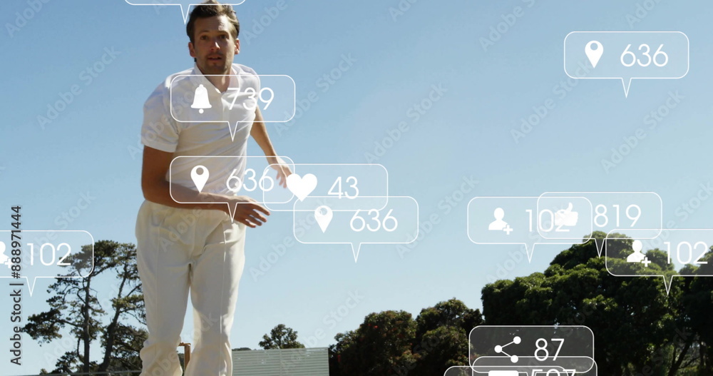 Poster image of digital data processing over caucasian cricket player on field