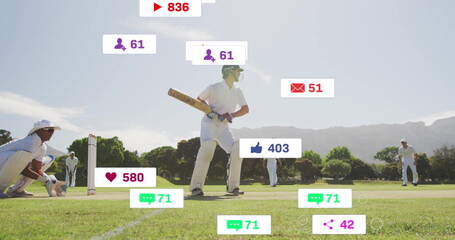 Image of digital data processing over diverse cricketers on field