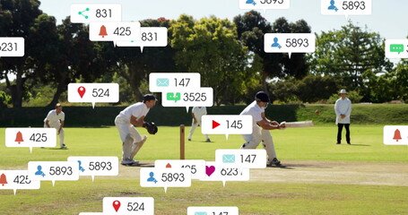 Image of digital data processing over diverse cricketers on field