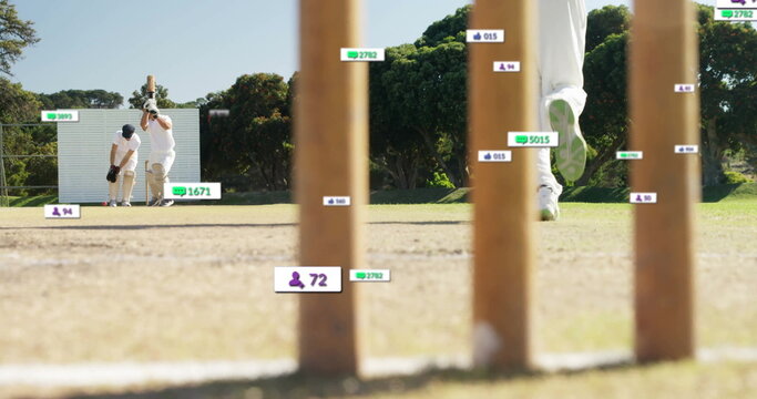 Image of digital data processing over diverse cricketers on field