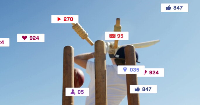 Image of digital data processing over caucasian cricket player on field