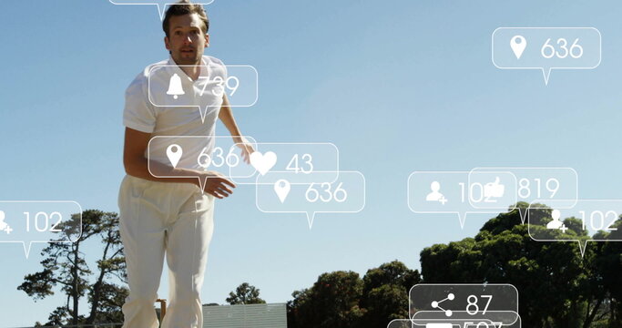 Image of digital data processing over caucasian cricket player on field