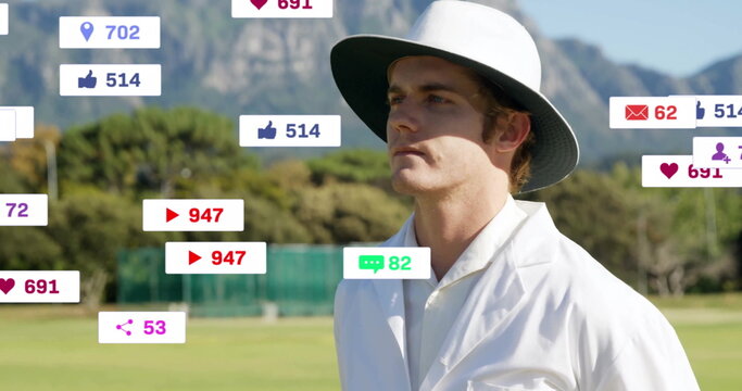 Image of digital data processing over caucasian cricket umpire on field