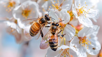 Close-up of bees collecting nectar from cherry blossoms on a sunny spring day, the vibrant flowers providing a rich source of food for the thriving hive 