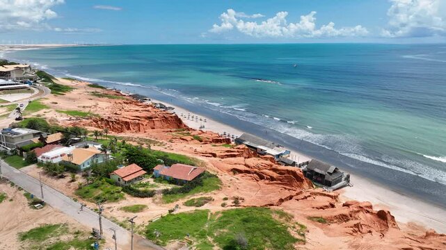Canoa Quebrada Beach At Aracati Ceara Brazil. Turquoise Ocean Waves Gently Crashing On Tropical Beach. Shore Sky Clouds Beach Sea. Shore Beach Panoramic. Aracati Ceara.