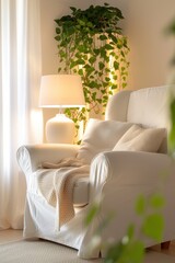 Naklejka premium A white chair with a green pillow sits in front of a potted plant. The chair is positioned in a way that it is facing the plant, and the sunlight is shining on it, creating a warm