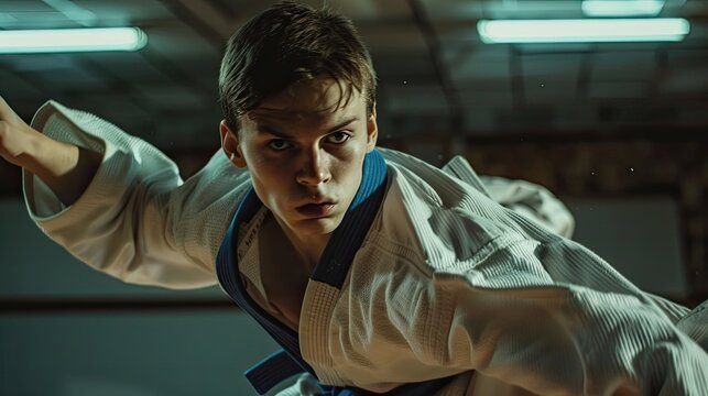 Great nage judo is doing sportsman with a blue belt