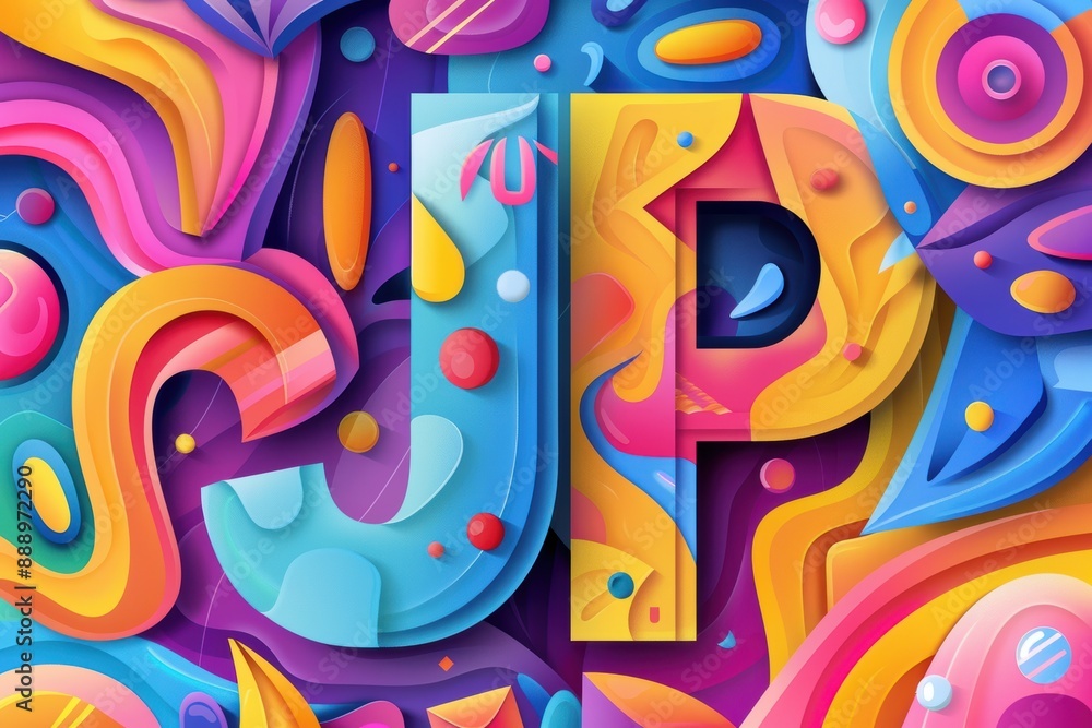 Fototapete A vibrant illustration showcasing the letter J in a creative and artistic way surrounded by other alphabet letters. This design is perfect for adding a fun and lively element to your projects.