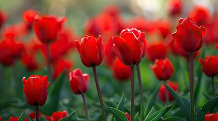 Obraz premium Red flower of tulip sort Red Princess Hybrids of tulips a beautiful spring bulbs Growing bulbous flowers in the garden