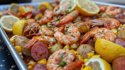 Shrimp boil heap with corn baby potatoes sausage and lemons