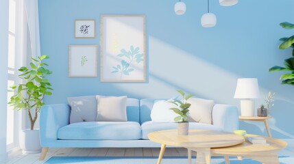 Elegant living room with a blue sofa, floral cushions, and framed botanical art. Ideal for interior design and home decor themes.