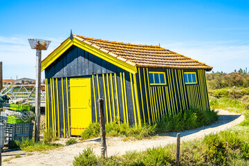 Black and yellow old oyster hut in the oyster village of Ors along the Chenal d'Ors canal on Oleron island, France