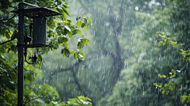 Rain gauge water aerial rainfall shot tower forest wood science research scientific weather meteorology funnel falling atmospheric onto precipitation measurement equipment station plastic machine