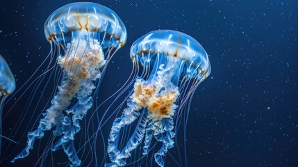 The underwater scene showcases three jellyfish each with distinct markings floating in a deep blue ocean