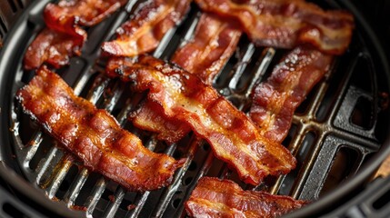 Top view of well cooked bacon slices in air fryer