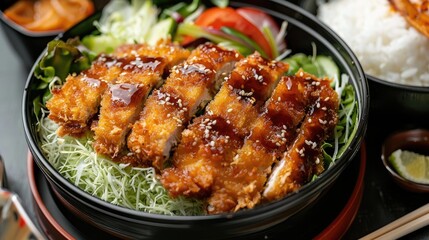 Fototapeta premium chicken katsu menu with green salad underneath covered with sauce and mayonnaise in a cup container plus white rice food menu Japanese restaurant