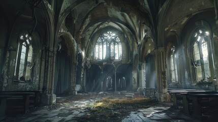 Fototapeta premium Large hall of abandoned building in gothic style