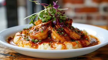 Shrimp and Grits Grits and old bay seasoned jumbo shrimp topped with spices and micro greens Classic American Diner Style Breakfast or Brunch menu item Traditional low country southern staple