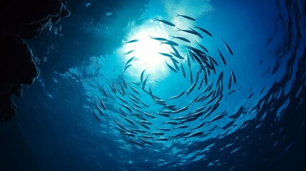 A small fish swimming in an intricate circle, seen from below with sunlight filtering through the water, creating a circle on top of the blue water.