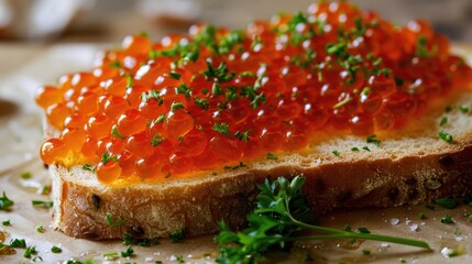 fresh red salmon caviar on white bread sprinkled with green parsley and dill