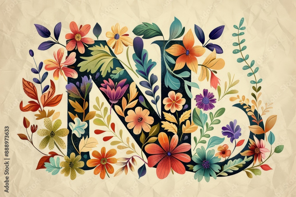 Fototapete an artistic illustration featuring the letter n surrounded by intricate floral patterns adding a tou