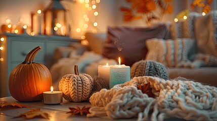 Home comfort coziness aromatherapy Cozy interior with knitting burning candles and aroma perfume diffuser in living room Pumpkin spicy sweet pie fall fragrance autumn scent relaxation banner