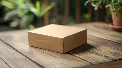 Brown Closed Cardboard Box on Wooden Table with Space for Mockup