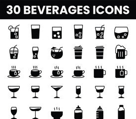 30 Minimalist Outline Beverage Fill Icons Set - High-Quality Line Art Illustrations for Drinks, Coffee, Tea, Cocktails, Milk, Soda, Iced Tea, Hot Soup and More