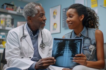 Fototapeta premium A doctor examines a patient's X-ray on a lightbox while the patient sits nearby The doctor explains the findings pointing to specific areas on the image The patient nods showing understanding and