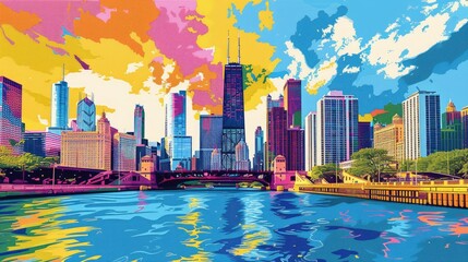 Naklejka premium Pop art artistic image of create an image for a shopify website banner whimsical with chicago skyline and latino flair