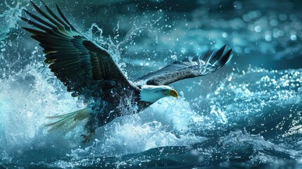 Obraz premium bald animal flying nature wildlife hunting bird beak eagle wings ocean american wild splash lake detail looking snow eagle flight blue bird in flight waterfowl outdoor eye wate