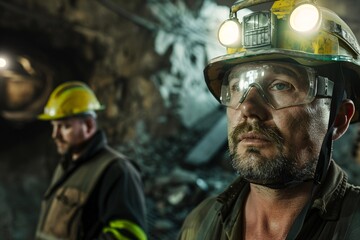 Obraz premium Close-up of miner in safety gear in dark tunnel, looking serious with another miner in background
