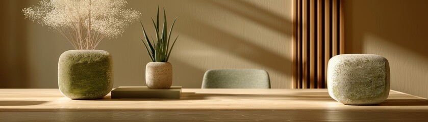 A table with three potted plants and a chair. The table is in a room with a tan wall