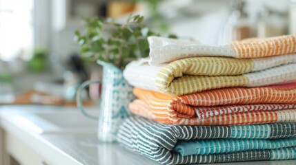 Napkin Stack of dish towels on white desk top view