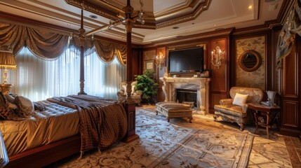 An opulent master suite with a four-poster bed, silk drapes, a cozy sitting area, and a marble fireplace.