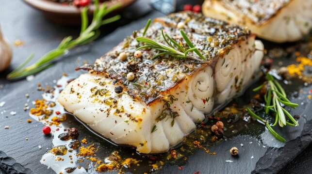 Fresh atlantic wolffish Steak with herbs and spices